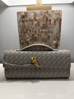 Bottega Veneta Woven Light Gray Leather Top-Handle Clutch with Gold Knot